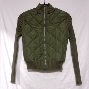 Madden Girl Olive Green Puffer-Front Zip Up Long-Sleeve Sweater - Quilted Fall